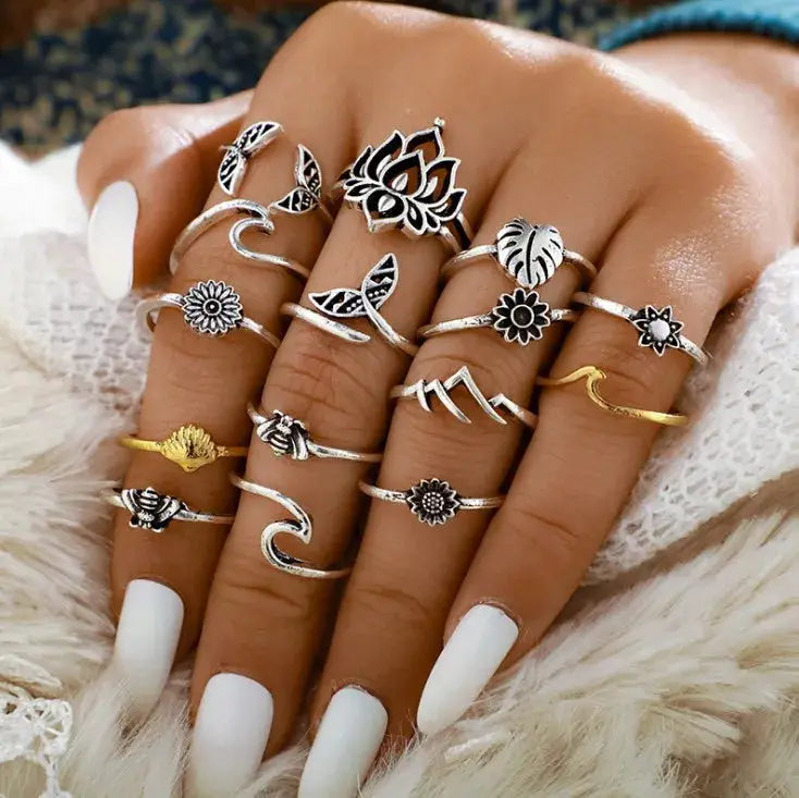 Alloy Multi Shapes 15-Piece Ring Set by Trendsi