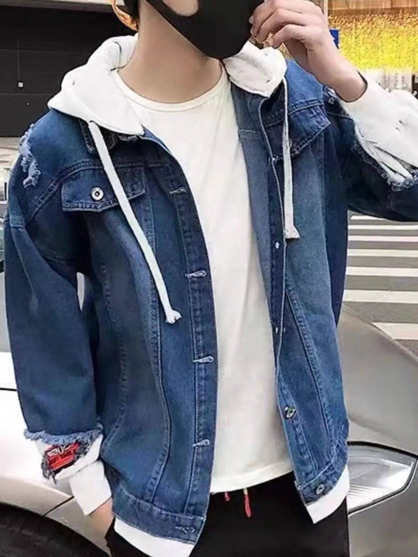Men's Full Size Distressed Patchwork Hooded Denim Jacket Plus Size by Trendsi