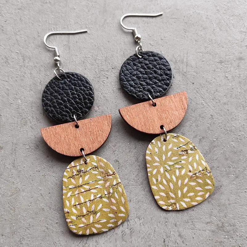 Leather & Wood Drop Earrings by Trendsi