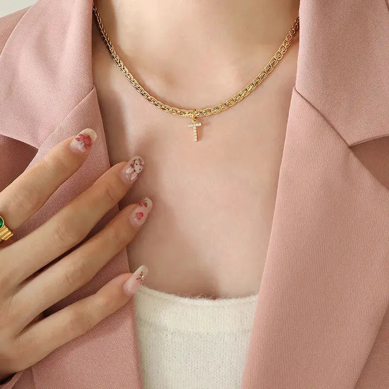 Brass Inlaid Zircon Letter Pendant Necklace by Trendsi