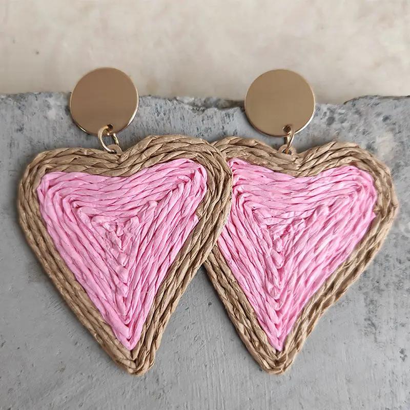 Raffia Grass Heart Teardrop Earrings by Trendsi