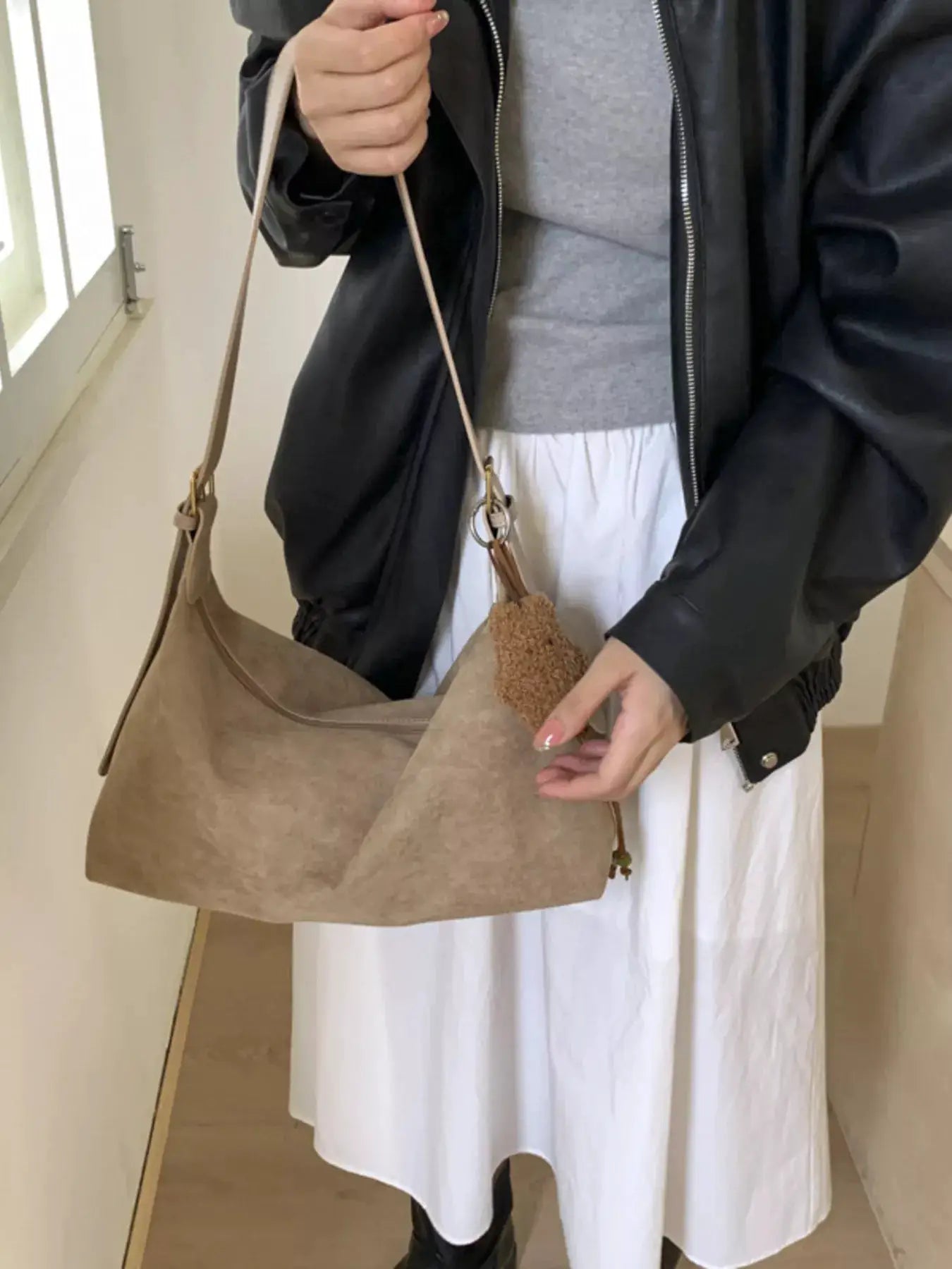 Solid Color Suede Hobo Crossbody Bag by Trendsi