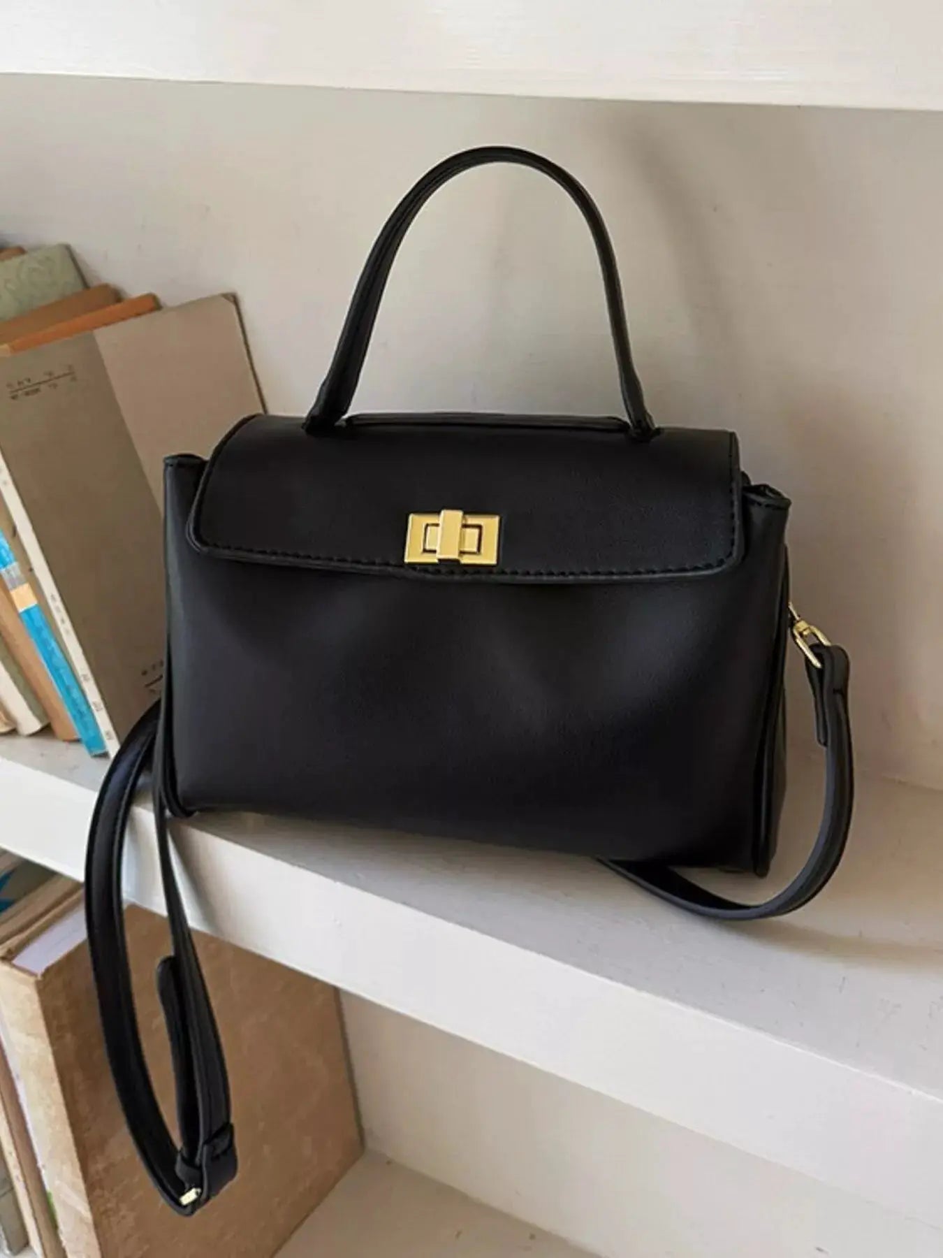 Golden Clasp Leather Crossbody Bag by Trendsi