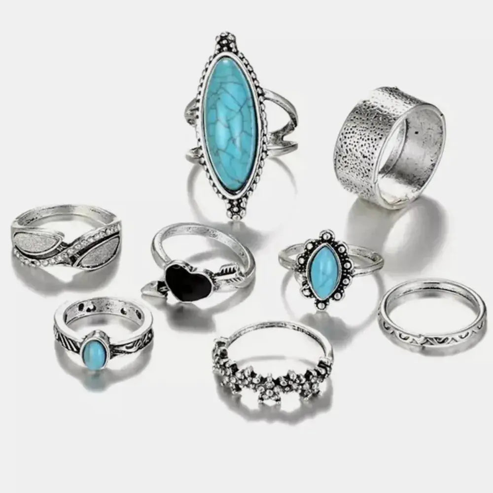 Turquoise Alloy 8-Piece Ring Set by Trendsi
