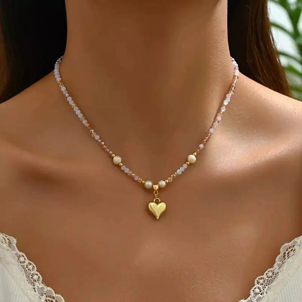 Bead Heart Pendant Necklace by Trendsi
