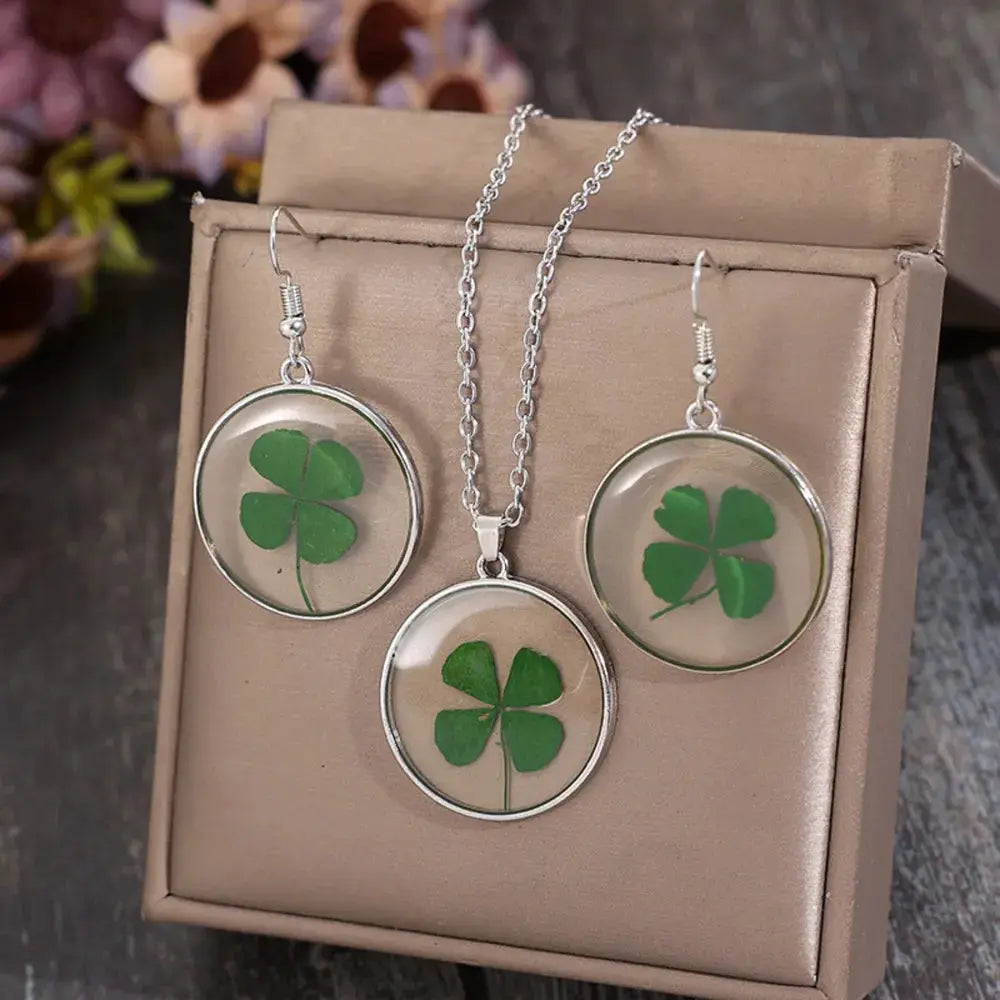 Lucky Clover Alloy Acrylic Earrings and Necklace Jewelry Set by Trendsi
