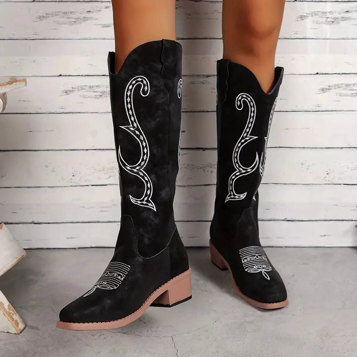Embroidered Round Toe Block Heels Boots by Trendsi