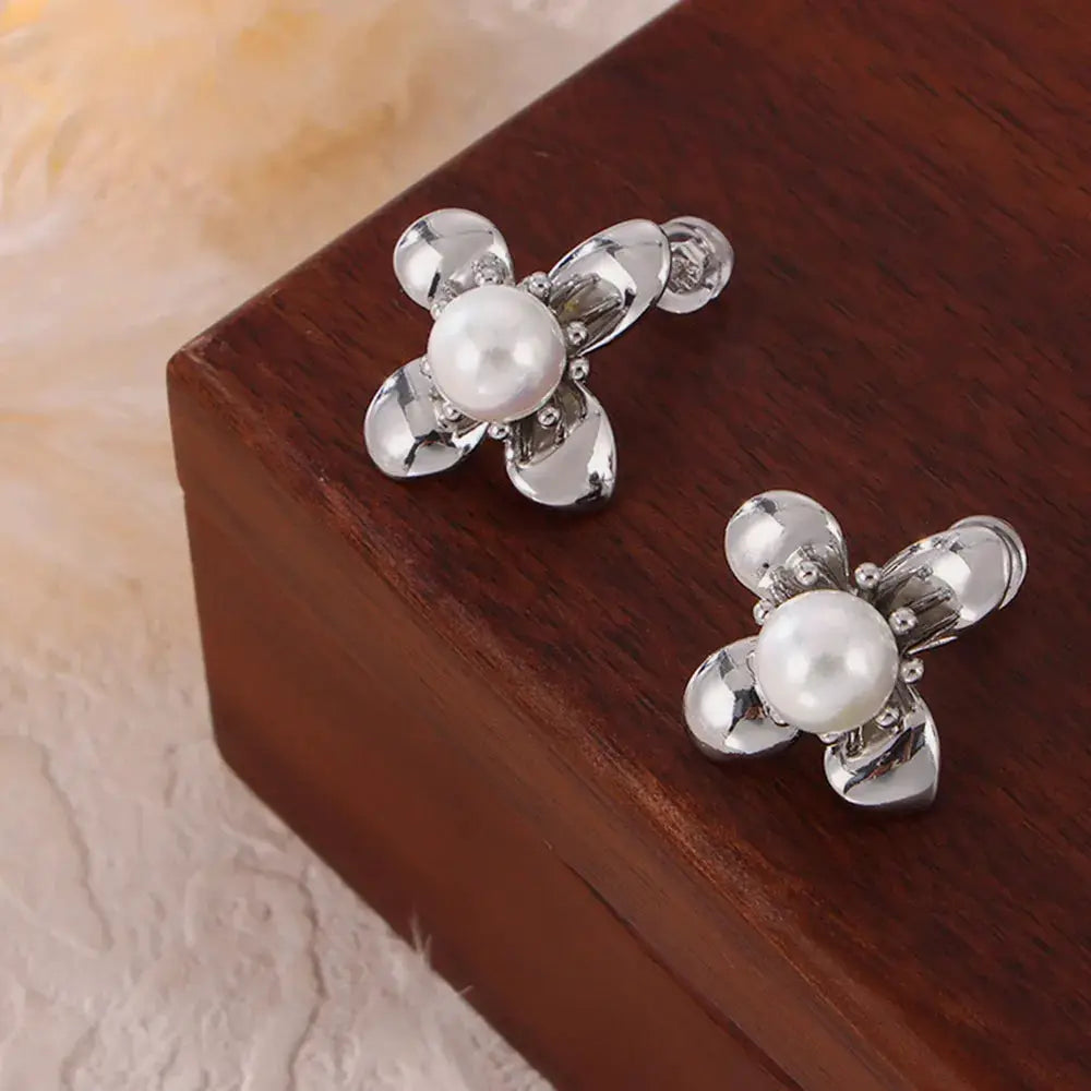 Synthetic Pearl Titanium Steel Flower Earrings by Trendsi