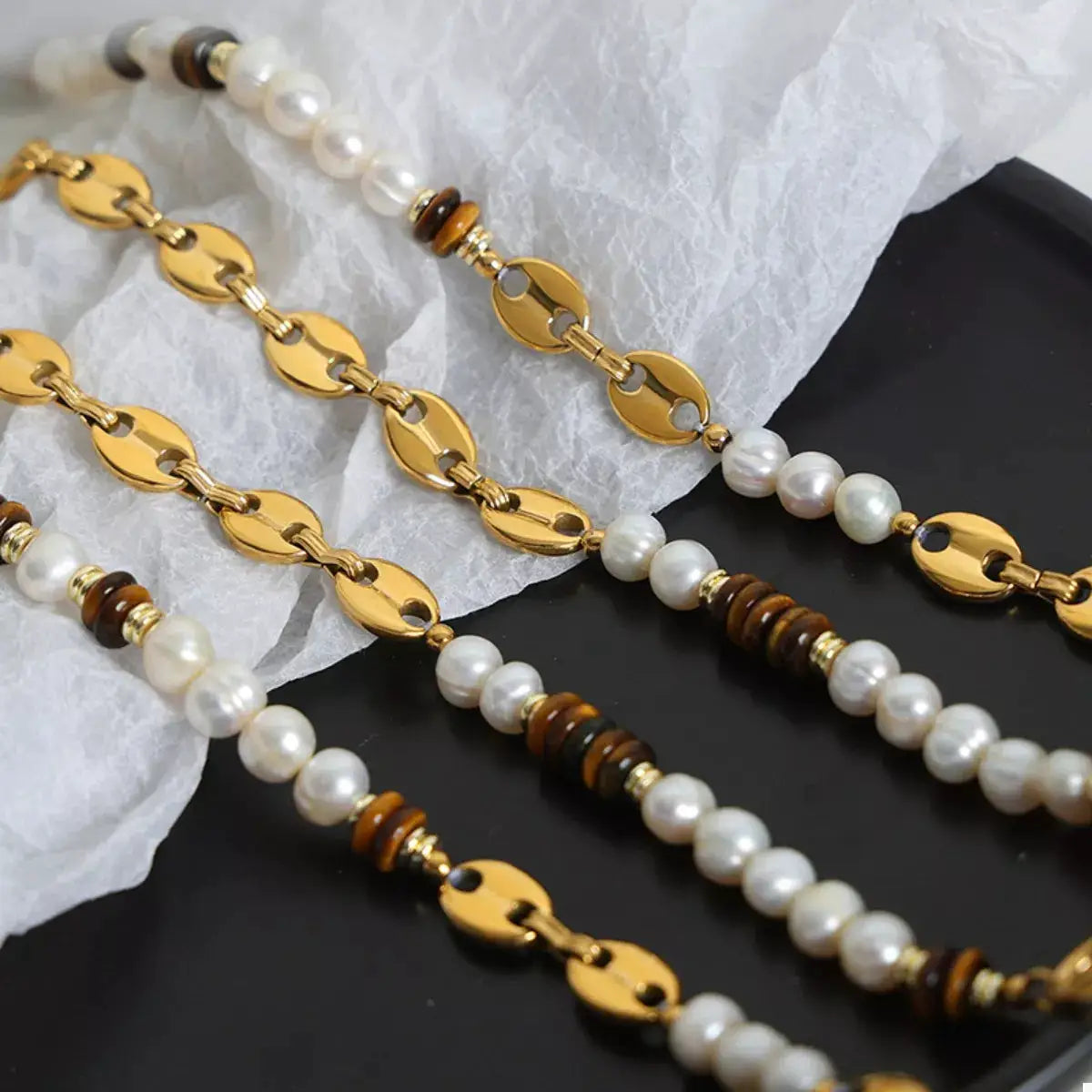 Tiger's Eye Freshwater Pearl 18K Gold-Plated Bead Necklace by Trendsi