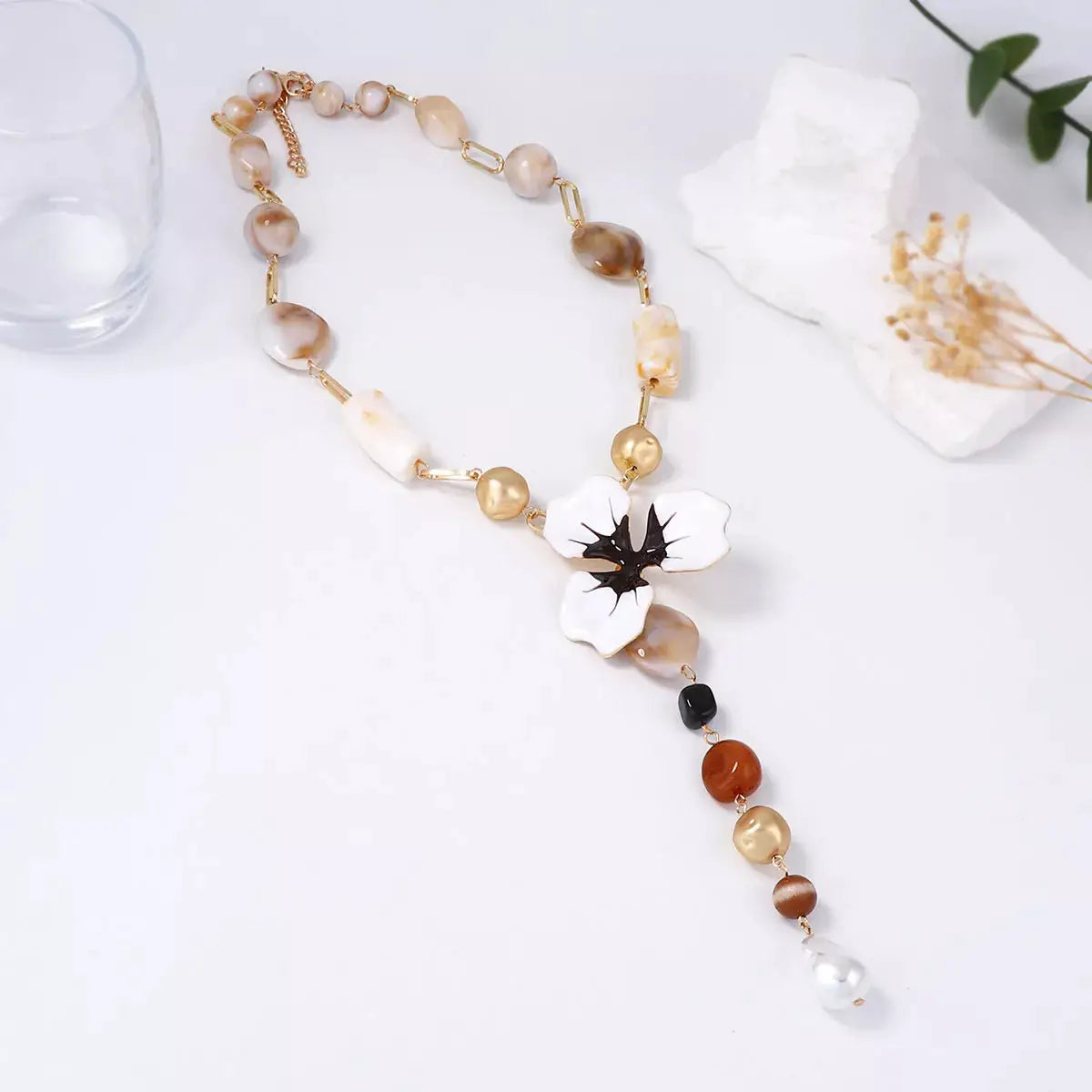 Alloy Dripping Oil Flower Resin Y-Shaped Necklace by Trendsi