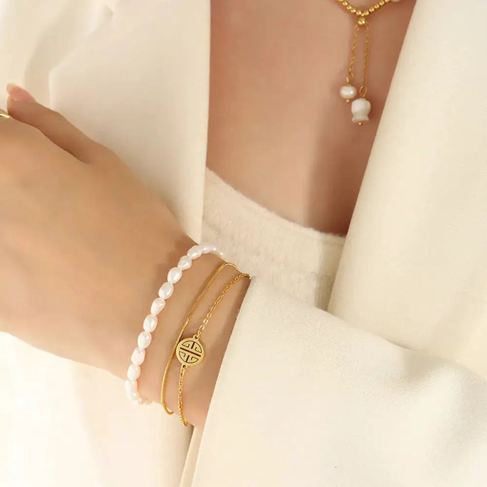 Titanium Steel Three-Layered Pearl Bracelet by Trendsi