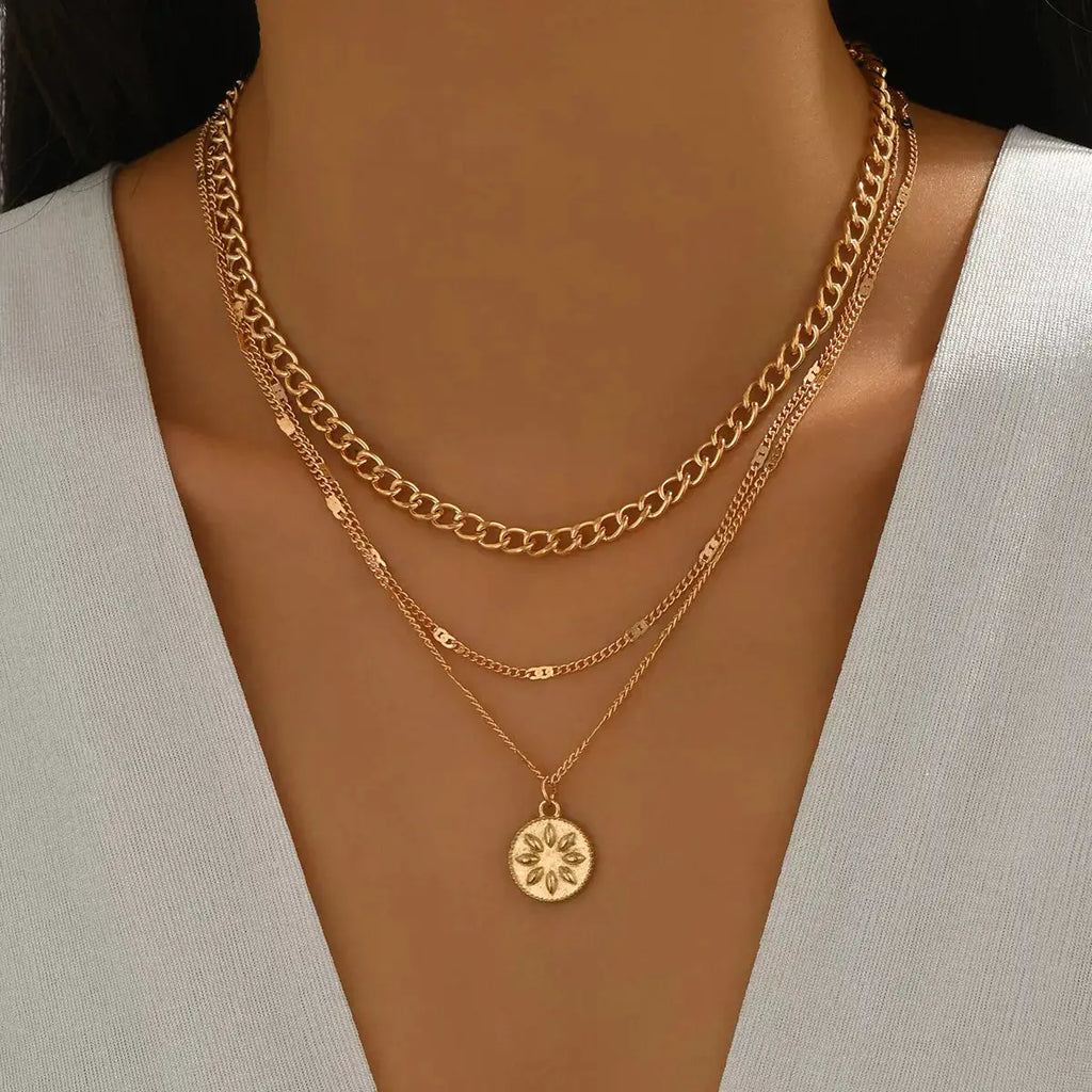 18K Gold-Plated Three Layered Pendant Necklace by Trendsi