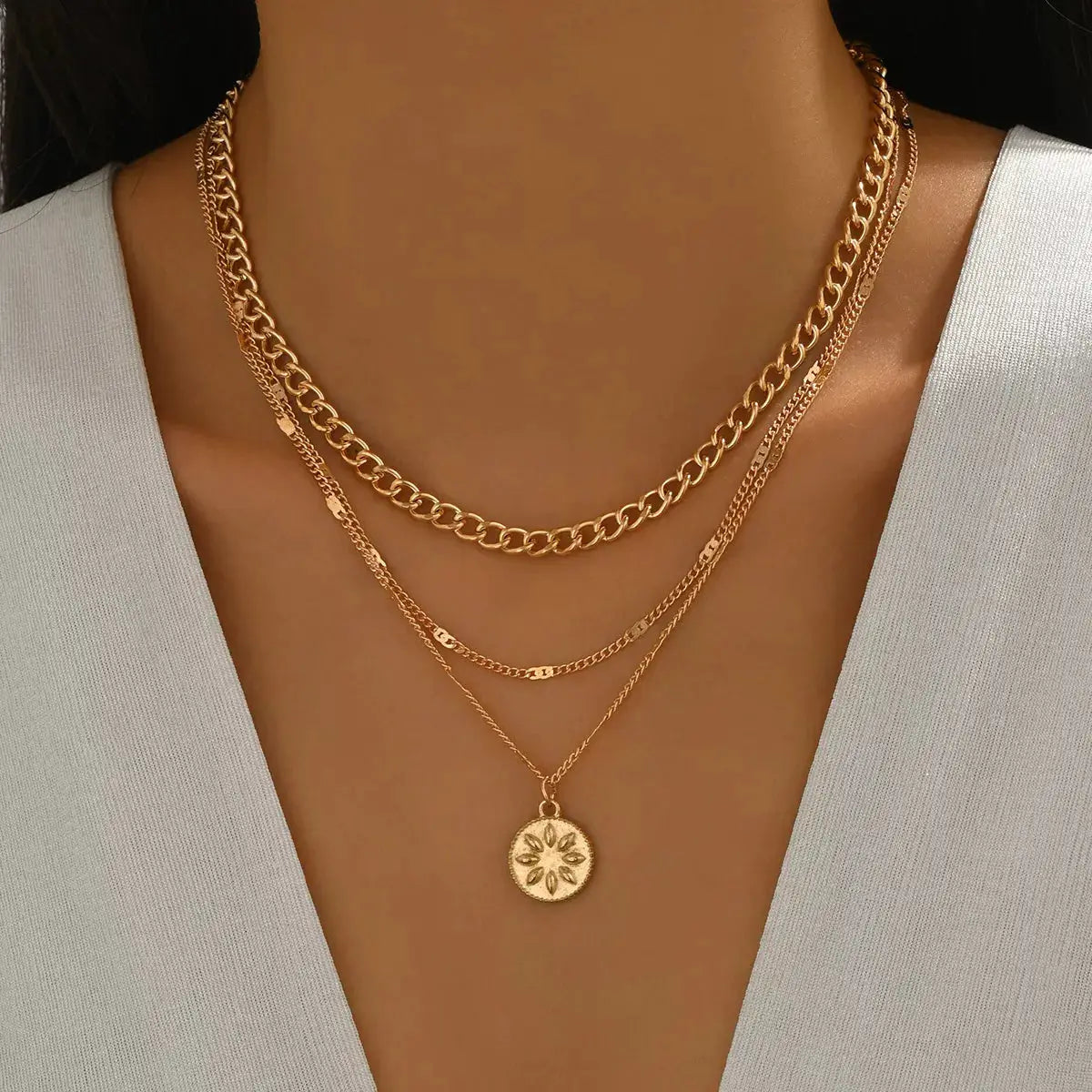 18K Gold-Plated Three Layered Pendant Necklace by Trendsi