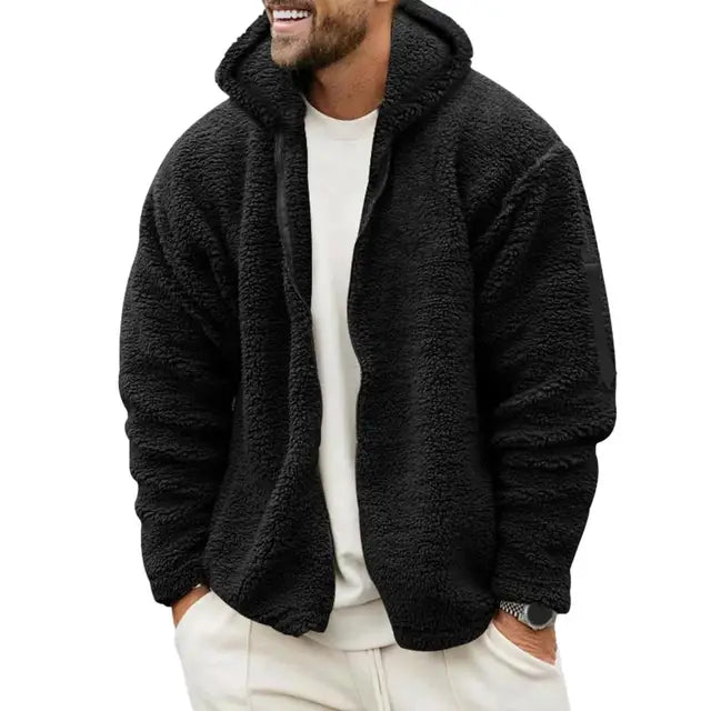 Men Fall Winter Coat Thick Plush Hooded Coat Zipper Closure Loose Cardigan Warm Cold Resistant Soft Men Jacket