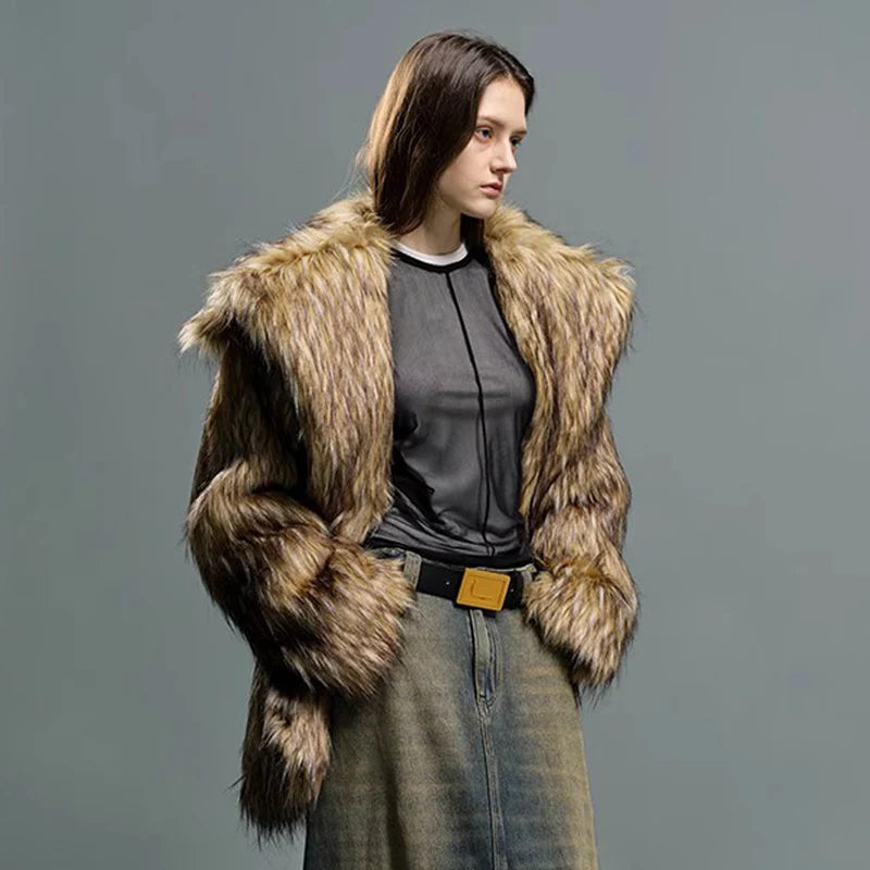 Men and women general purpose big lapel fur coat imitation raccoon fur thickened medium long coat casual warmth