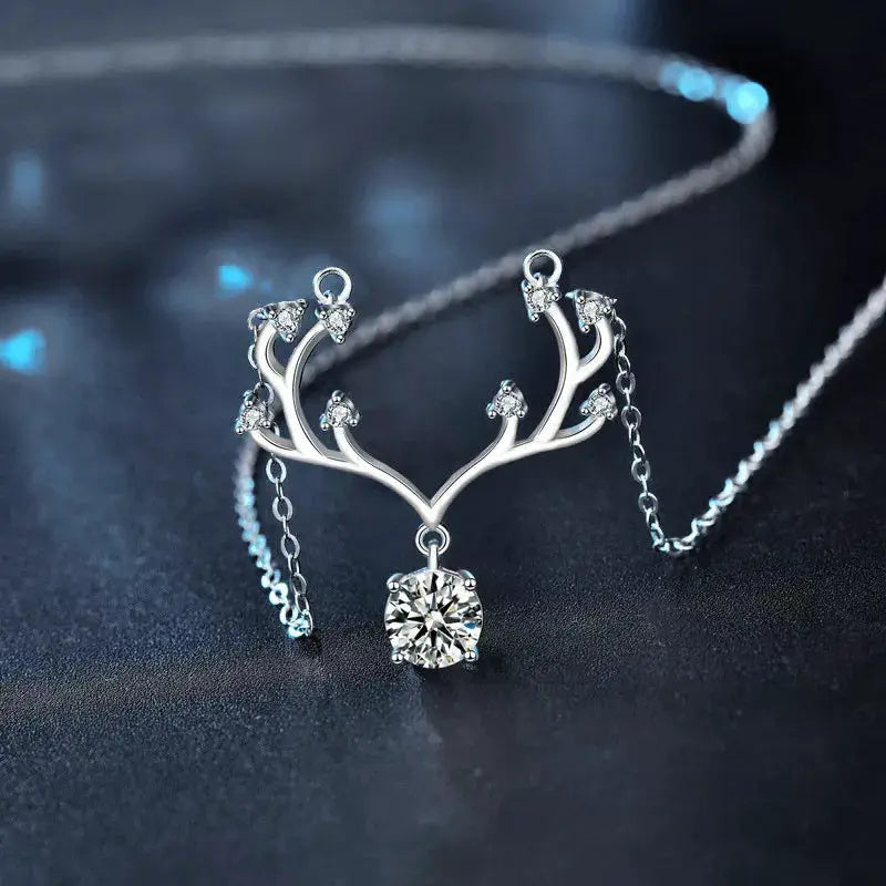 1 Carat Moissanite 925 Sterling Silver Deer Antler Pendant Necklace by Trendsi