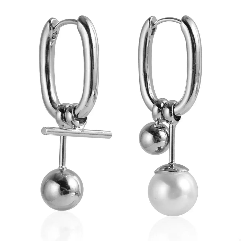 Asymmetrical Pearl Drop Hoop Earrings by Trendsi