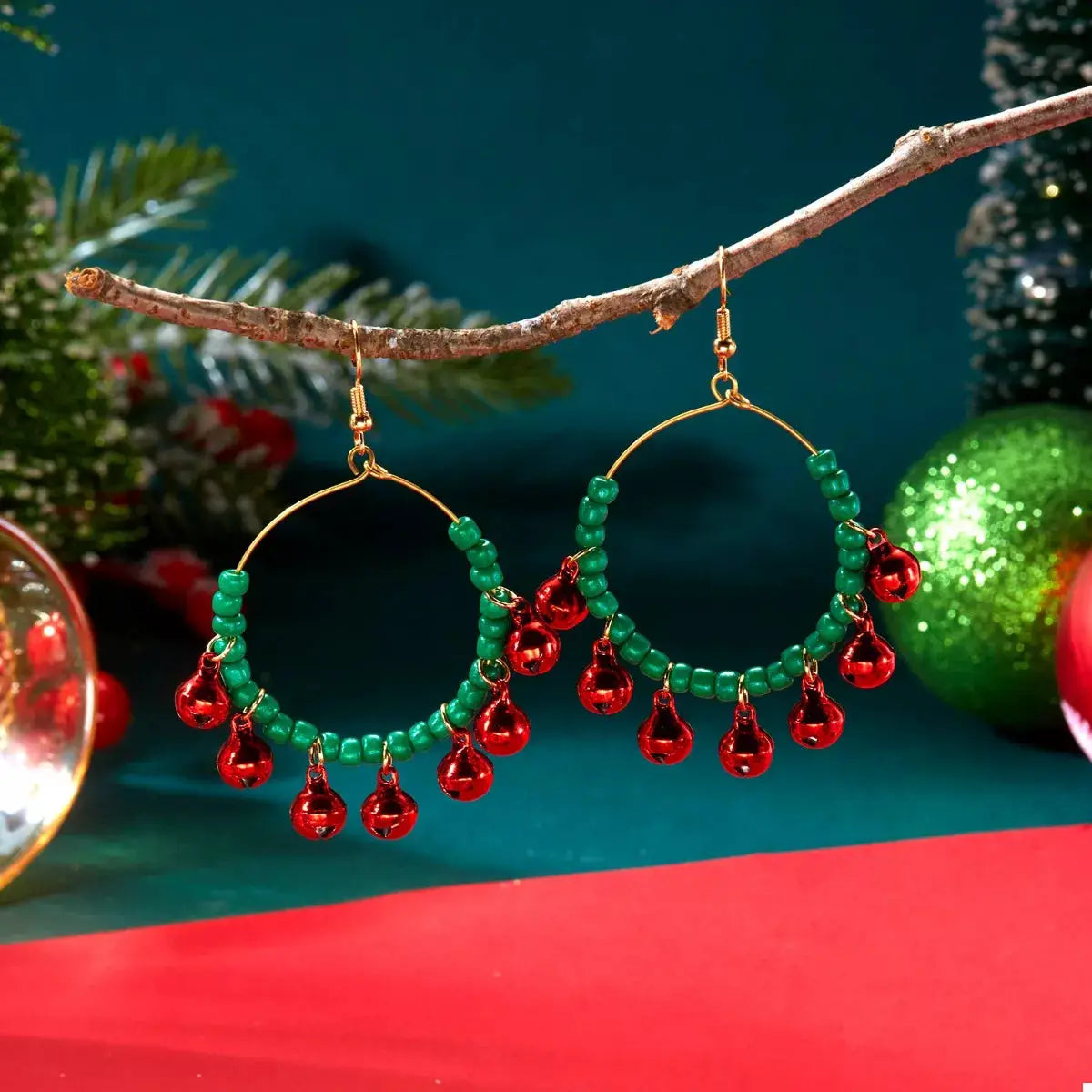 Christmas Beaded Hoop Earrings with Jingle Bells by Trendsi