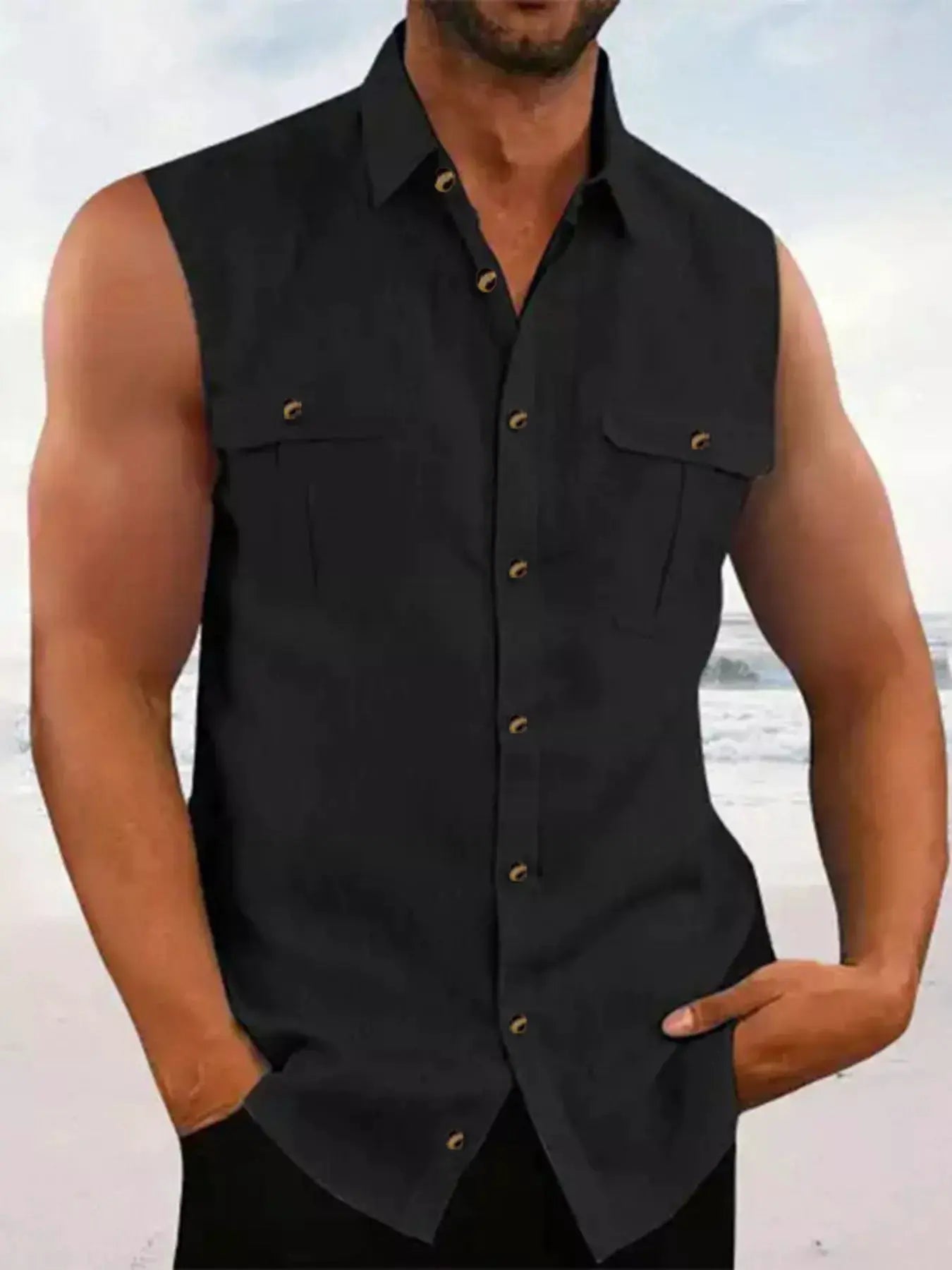 Men's Full Size Sleeveless Button-Up Shirt with Chest Pockets Plus Size by Trendsi