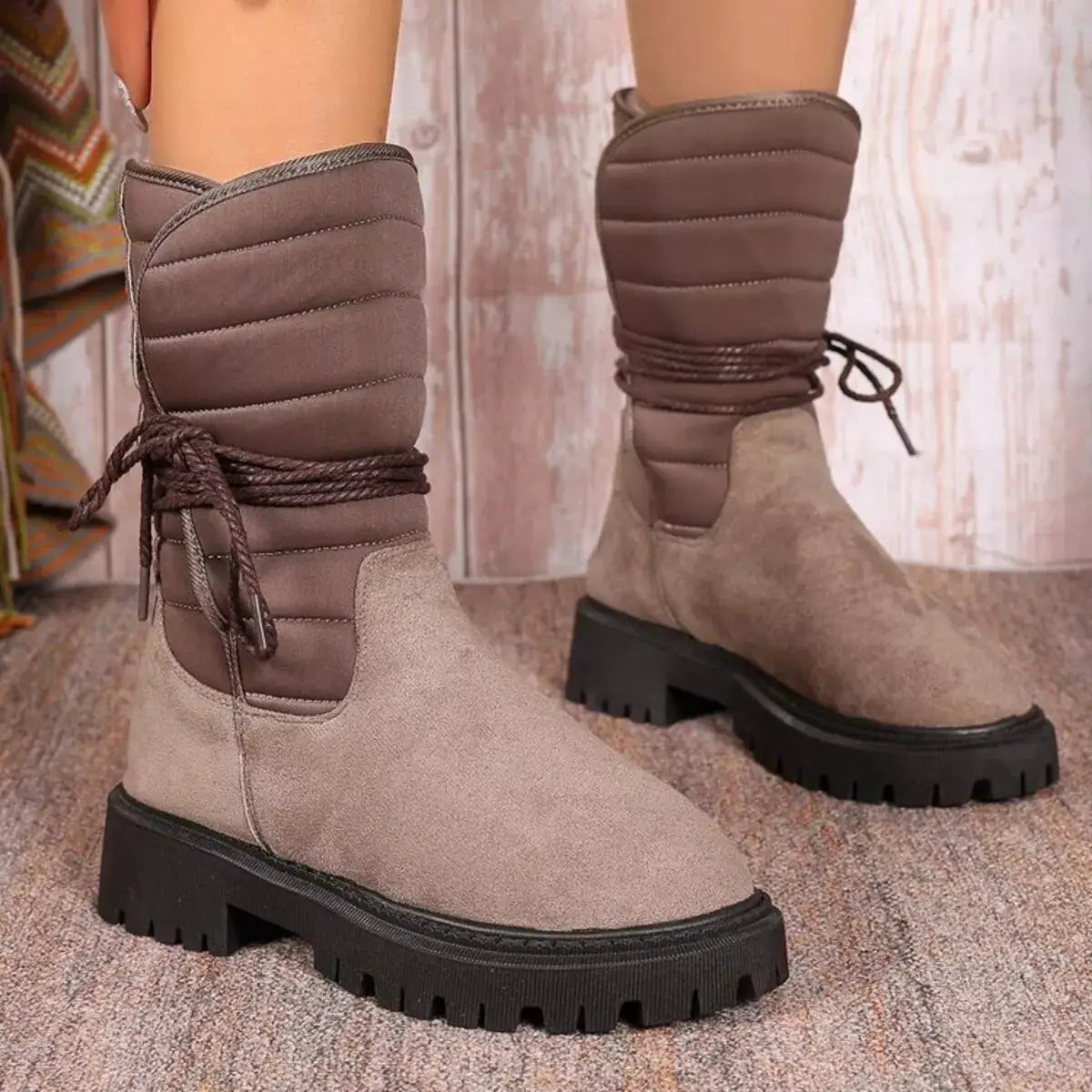 Quilted Lace-Up Mid-Calf Boots by Trendsi