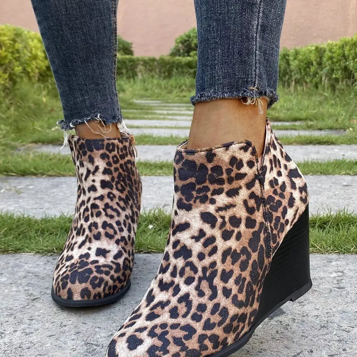 Round Toe Wedge Ankle Boots by Trendsi