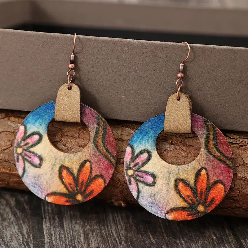 Wooden Flower Round Shape Earrings by Trendsi