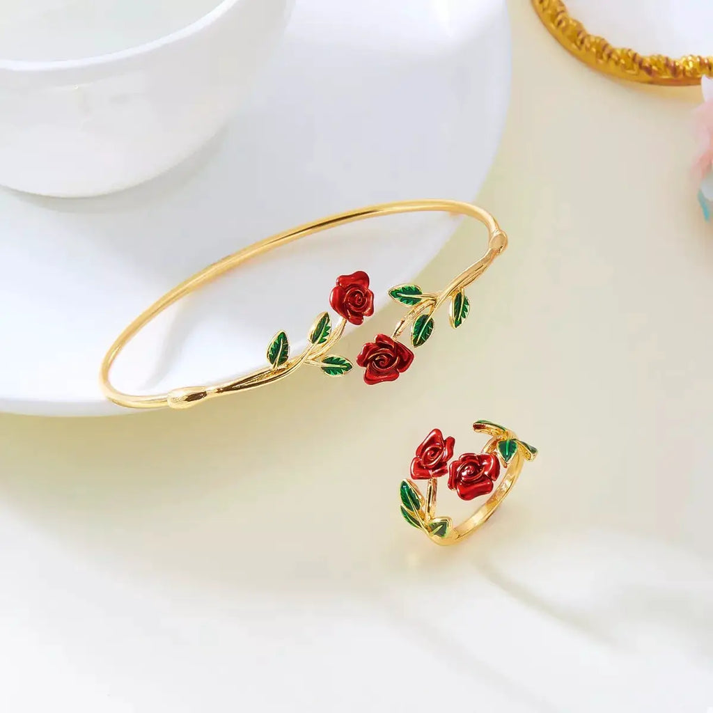 Rose Bypass Ring and Bracelet Jewelry Set by Trendsi