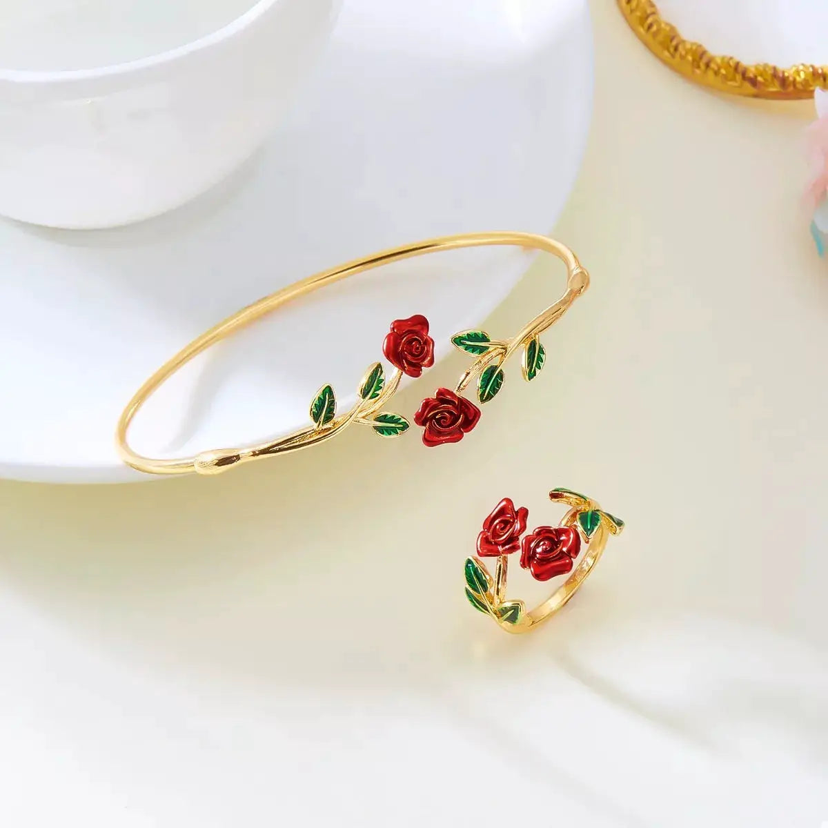 Rose Bypass Ring and Bracelet Jewelry Set by Trendsi