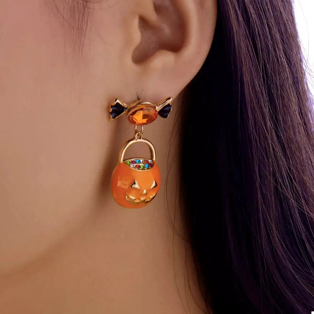 Halloween Rhinestone Pumpkin Dangle Earrings by Trendsi