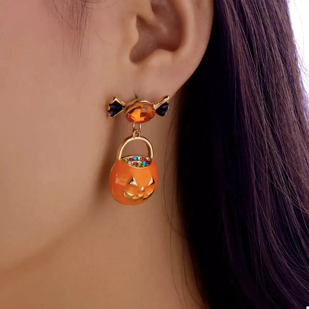 Halloween Rhinestone Pumpkin Dangle Earrings by Trendsi