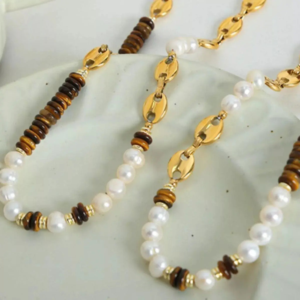 Tiger's Eye Freshwater Pearl 18K Gold-Plated Bead Necklace by Trendsi