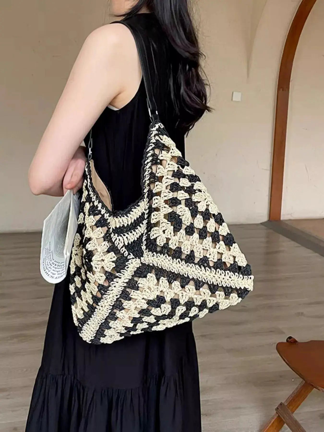 Crochet Two-Tone Shoulder Bag by Trendsi