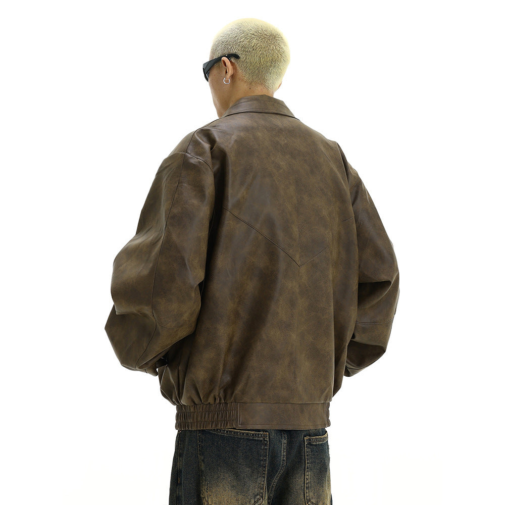 Style Vintage Distressed Leather Jacket for Men, Casual Flip Collar Design, Trendy and Unique Streetwear Coat