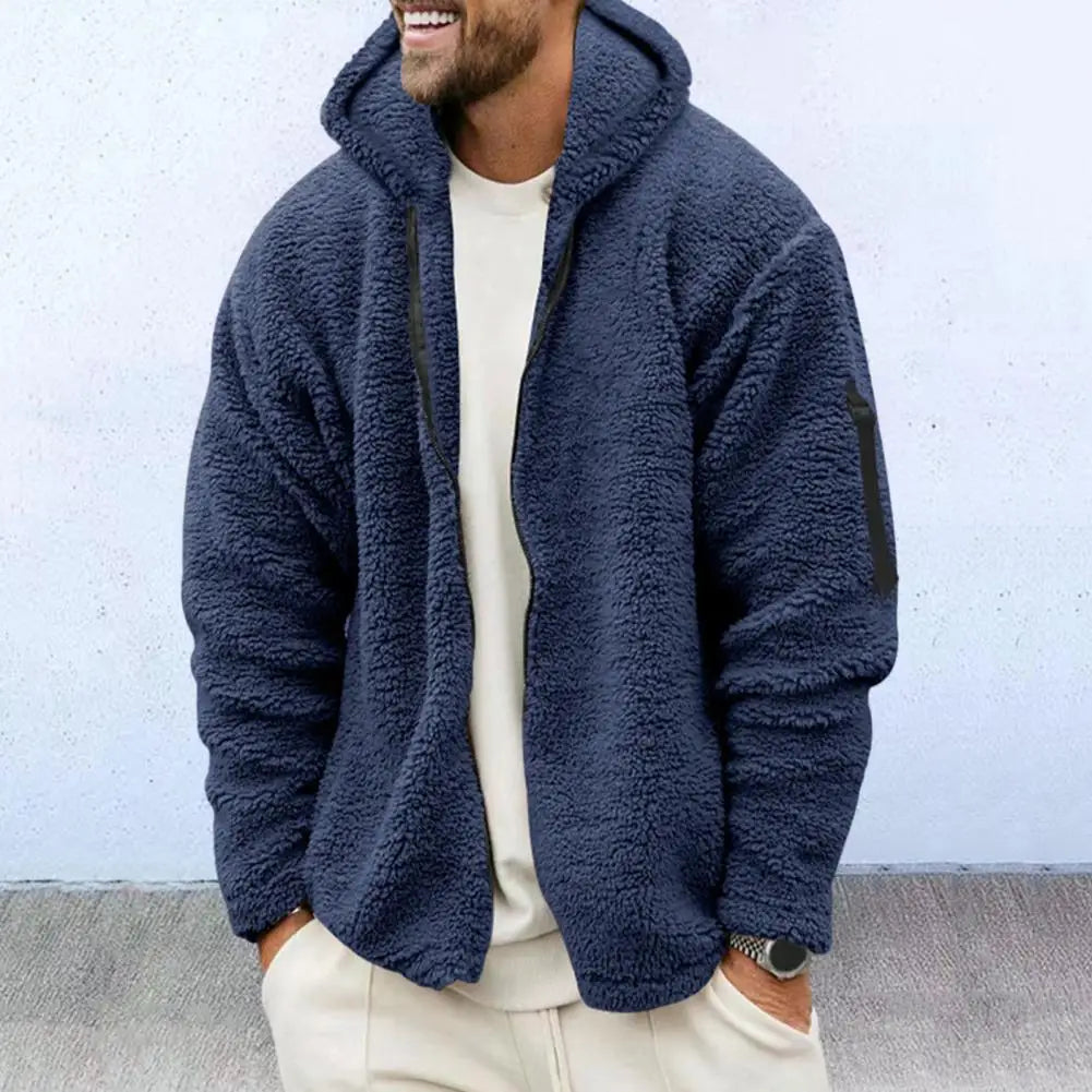 Men Fall Winter Coat Thick Plush Hooded Coat Zipper Closure Loose Cardigan Warm Cold Resistant Soft Men Jacket