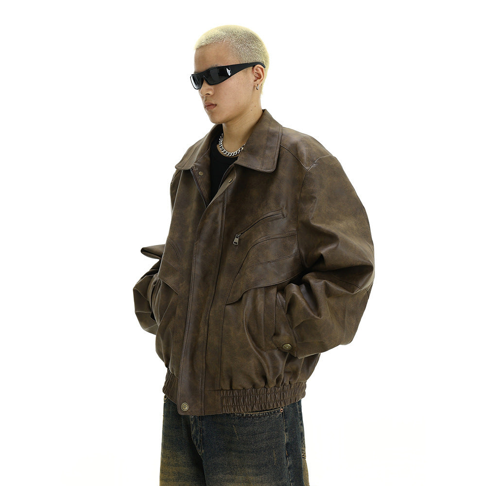 Style Vintage Distressed Leather Jacket for Men, Casual Flip Collar Design, Trendy and Unique Streetwear Coat