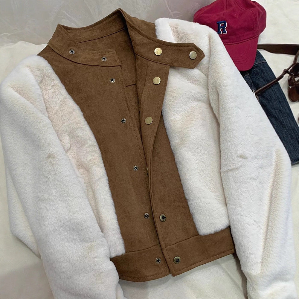 Faux Suede Fleece-Lined Thicken Coat for Men and Women, Autumn and Winter New Short Style Utility Casual Jacket