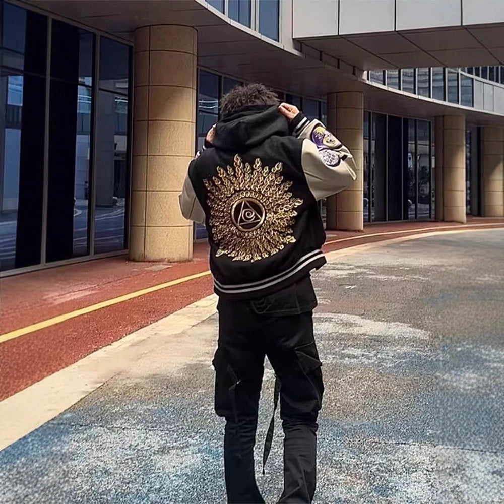 Street Style Baseball Jacket for Men, Winter Cool Look with Eye of Providence Embroidery, Clean Fit Coat
