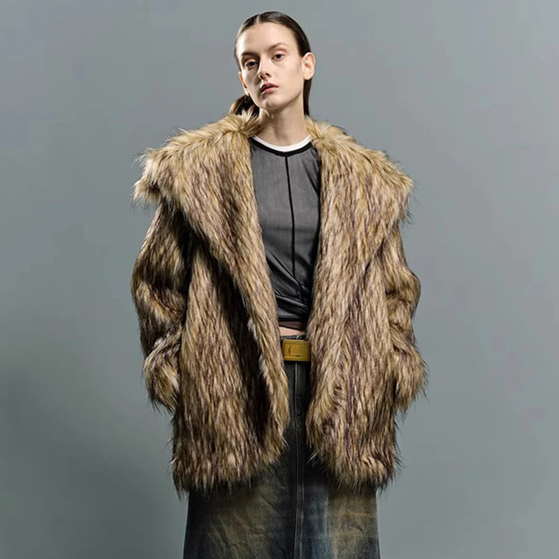 Men and women general purpose big lapel fur coat imitation raccoon fur thickened medium long coat casual warmth