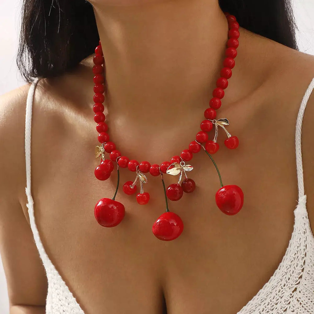 Cherry Charm Beaded Statement Necklace by Trendsi