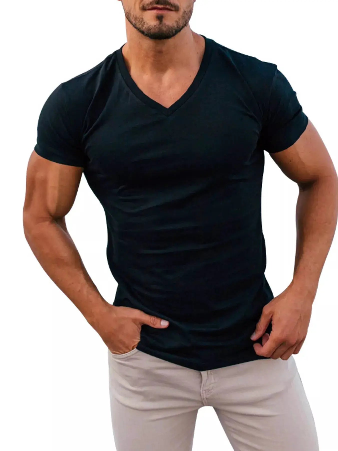 Men's Full Size V-Neck Slim Fit Casual T-Shirt Plus Size by Trendsi