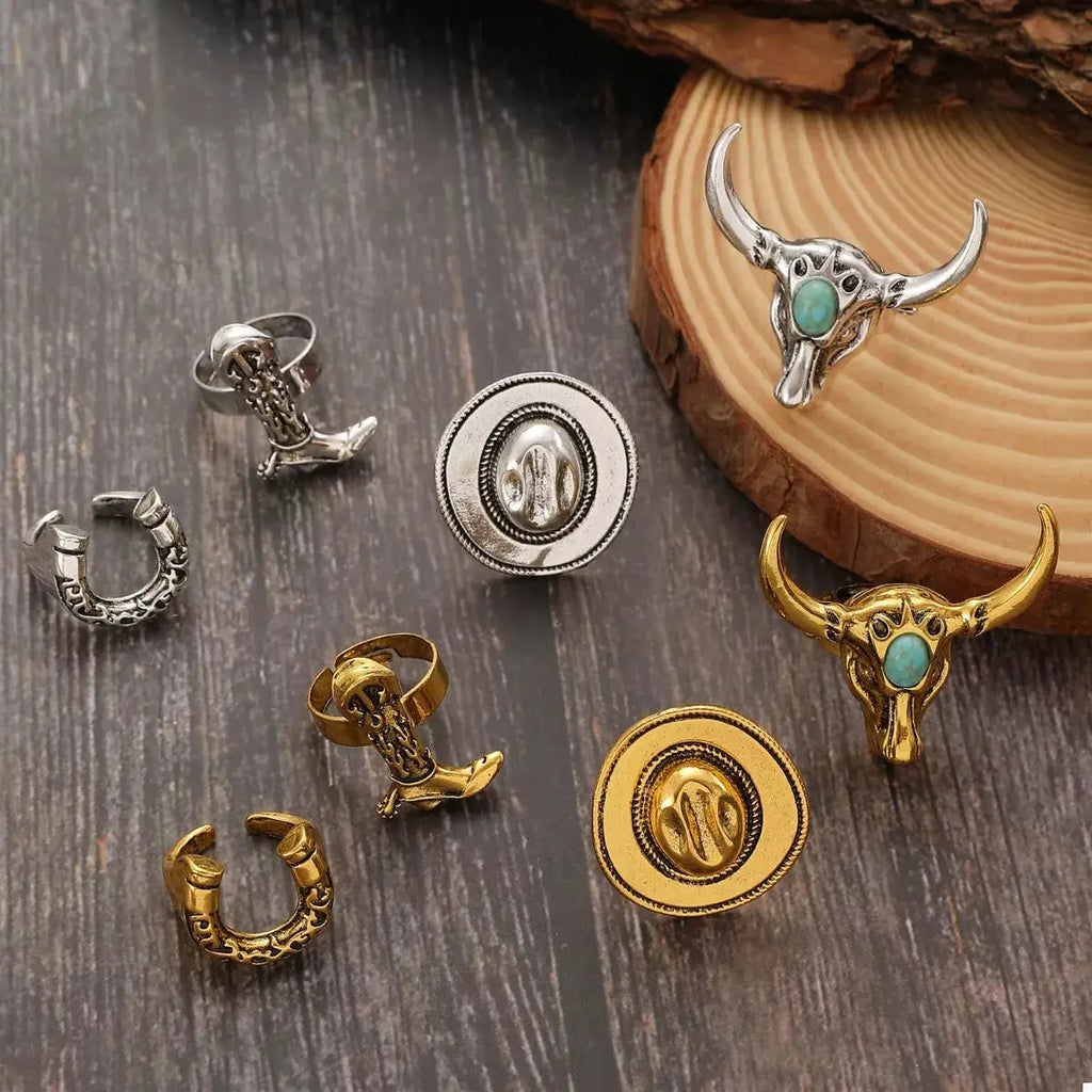 4 Piece Vintage Western Style Bull Head Rings by Trendsi