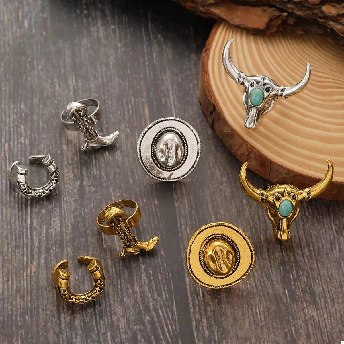 4 Piece Vintage Western Style Bull Head Rings by Trendsi