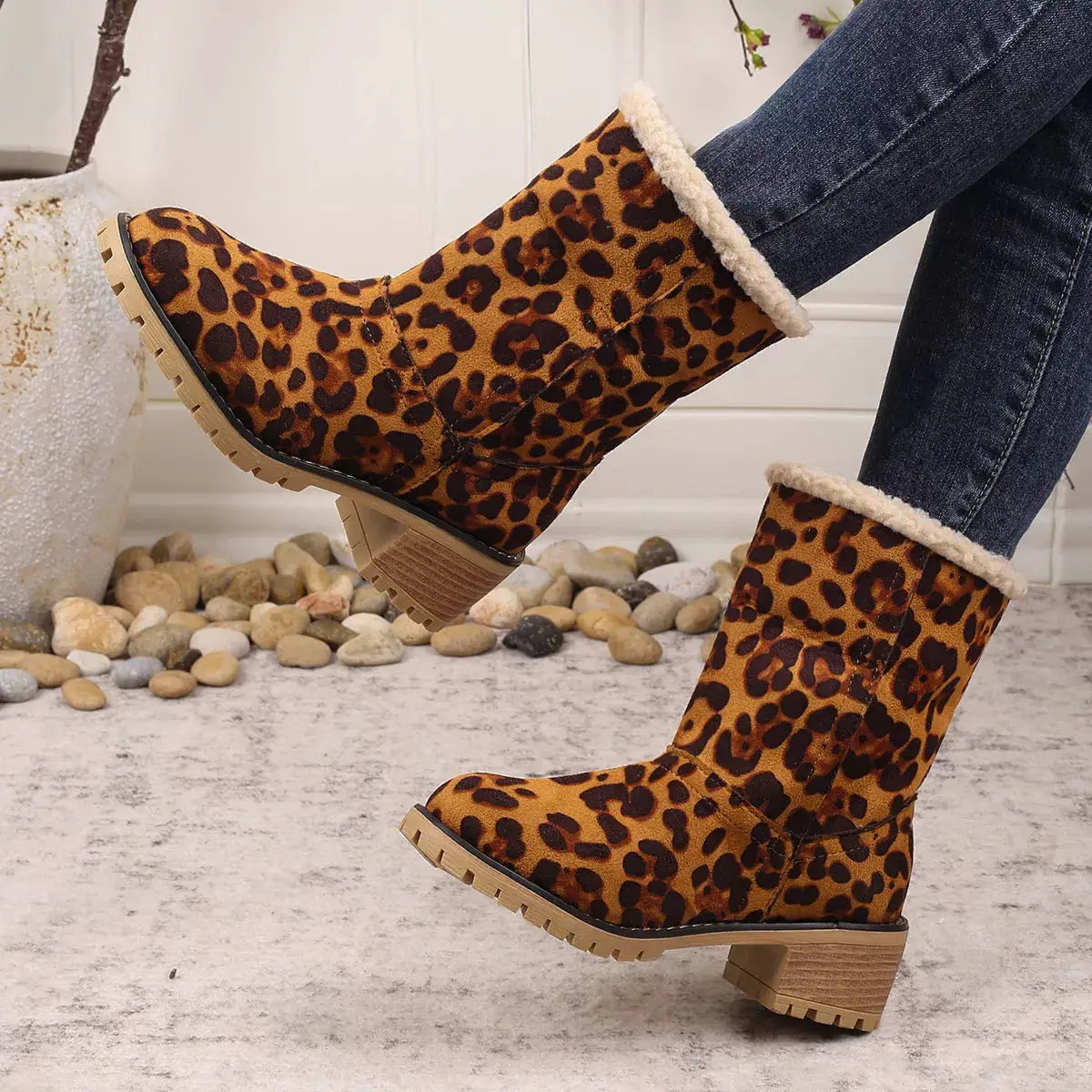 Leopard Print Plush Lined Boots by Trendsi