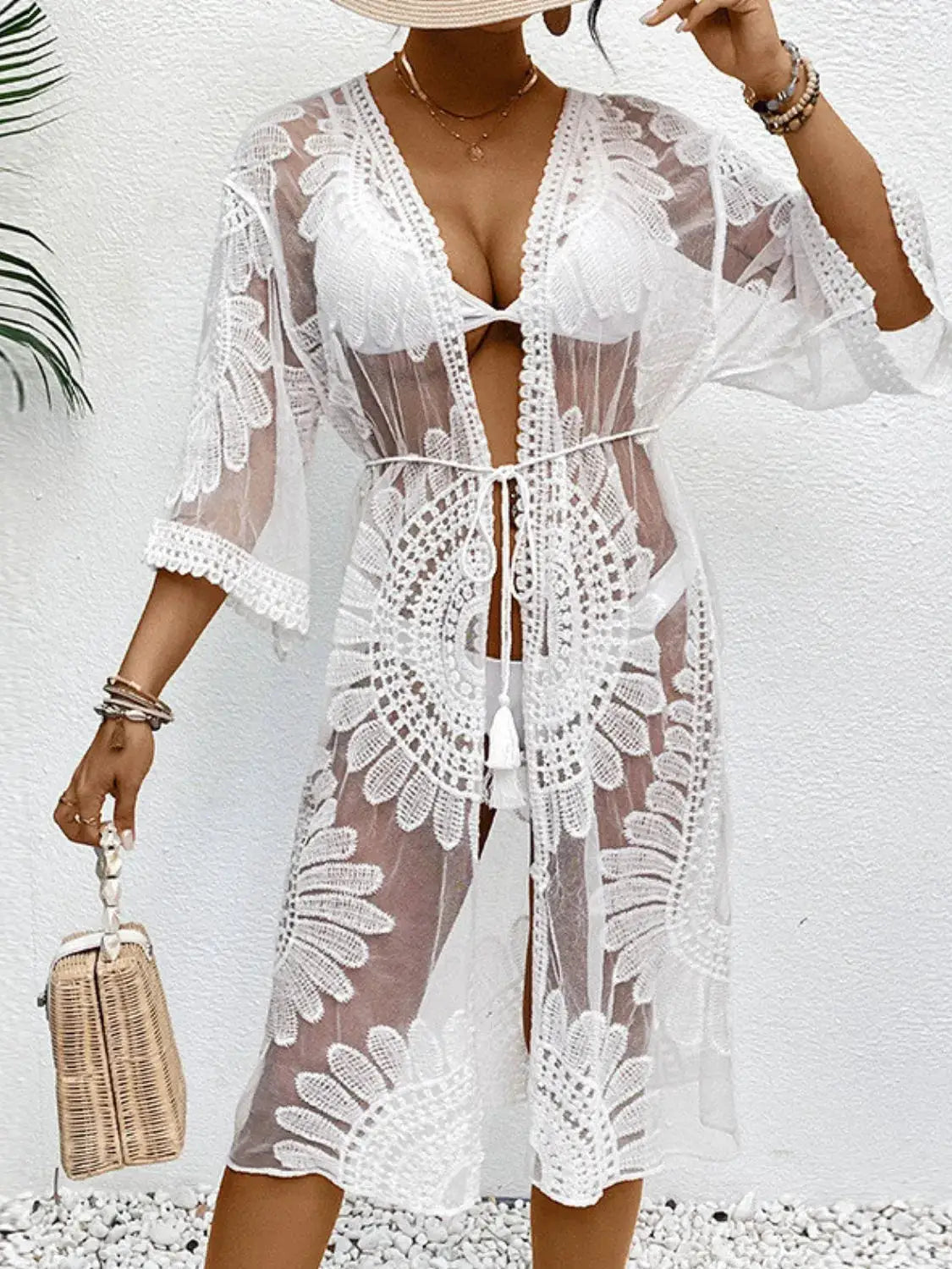 Lace Open Front Longline Cover-Up by Trendsi