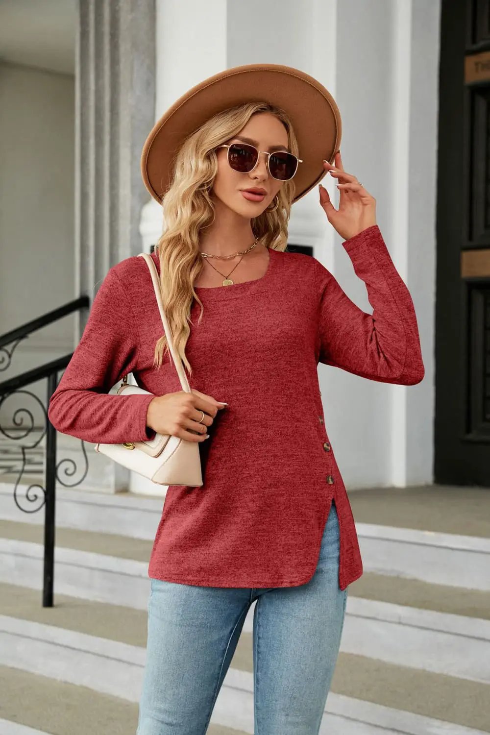 Square Neck Long Sleeve Slit T-Shirt by Trendsi