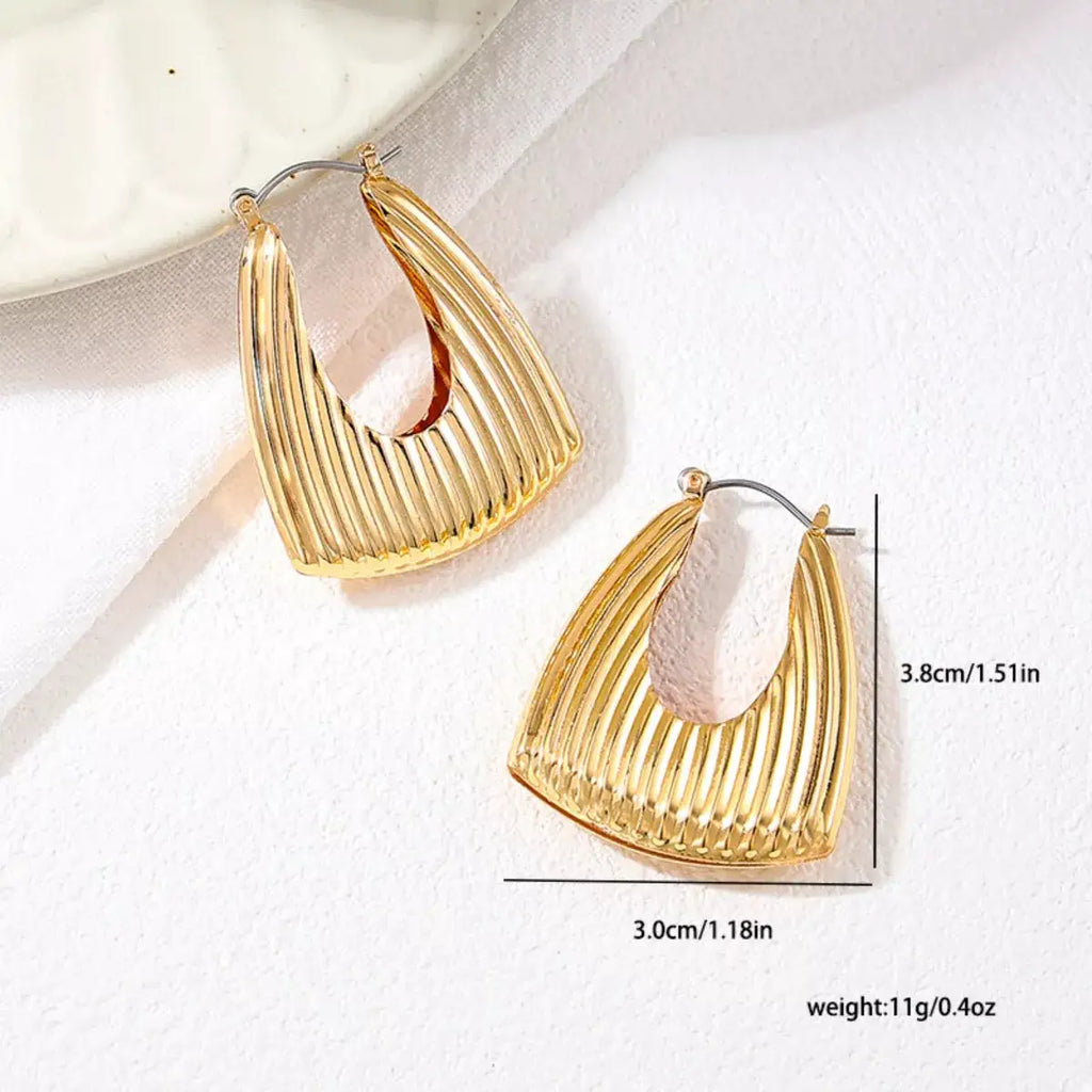 18K Gold-Plated Alloy Ribbed Triangular Hoop Earrings by Trendsi