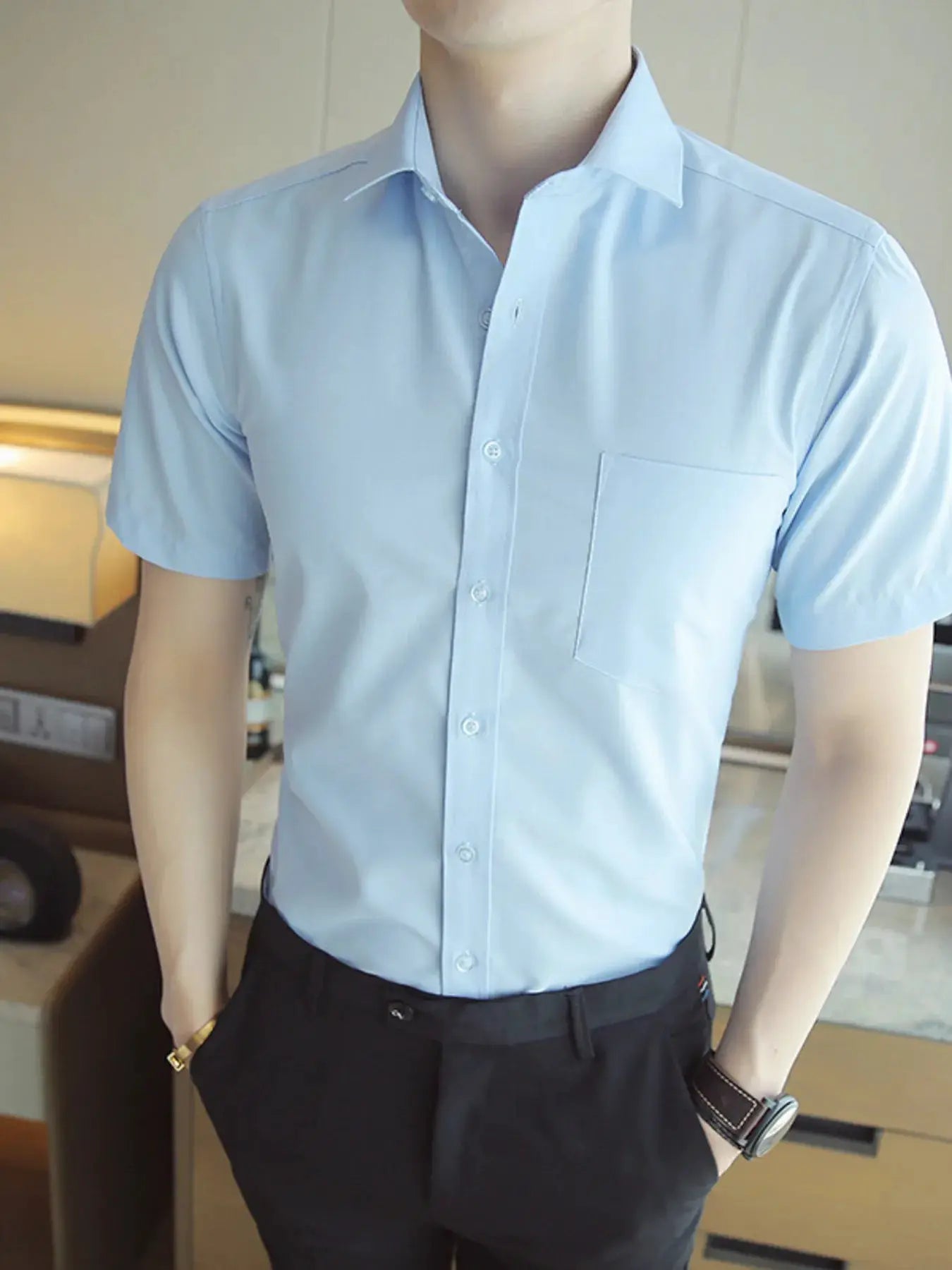 Men's Short Sleeve Solid Color Slim Fit Casual Shirt by Trendsi