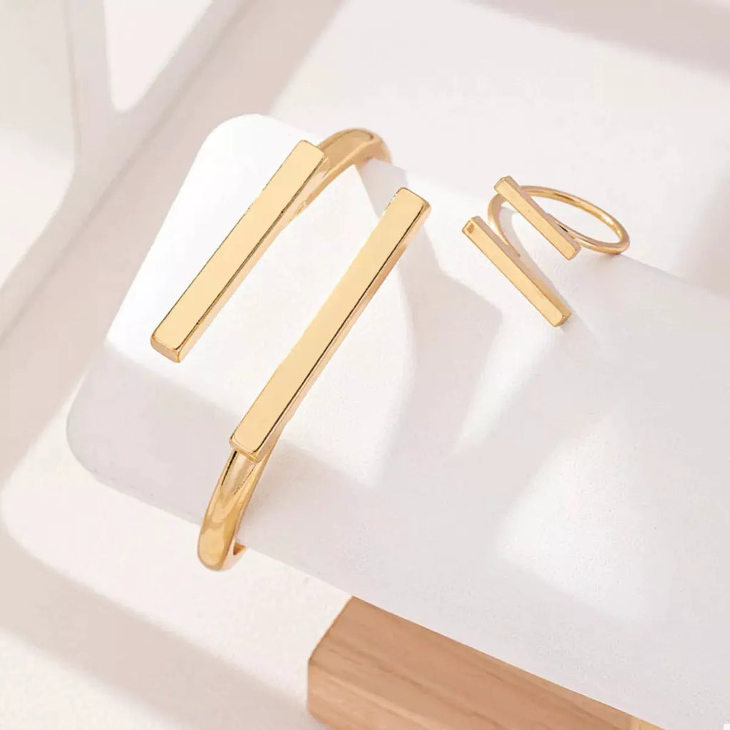 Adjustable 18K Gold-Plated Modern Bar Bracelet and Ring Jewelry Set by Trendsi