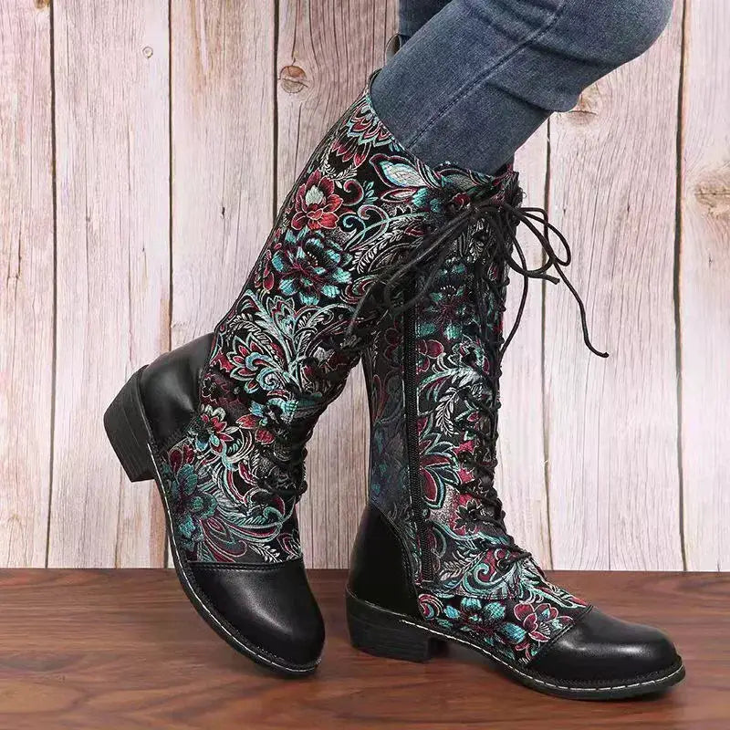 Embroidered Lace-Up Block Heel Boots by Trendsi