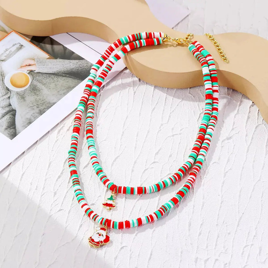 Alloy Christmas Necklace with Santa and Christmas Tree Pendant by Trendsi